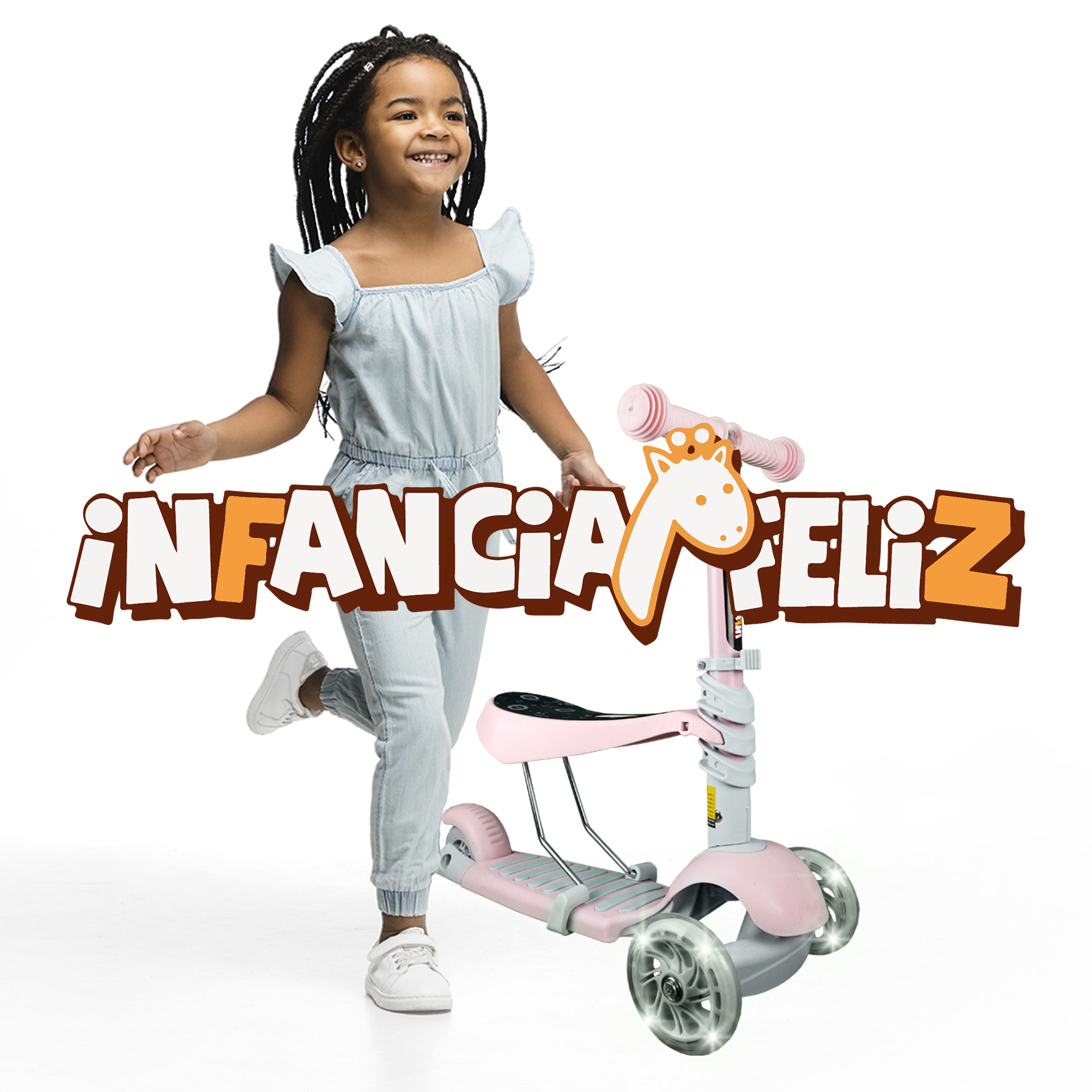 iNFANCiA FELiZ H1 Scooter con asiento desmontable a 3 niveles de altura, juguete para niños y niñas de 2 a 8 años con manubrio ajustable y ruedas delanteras con Luces LED. scooter que créese con tus hijos 