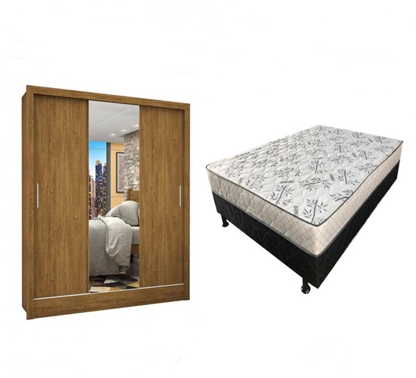 Guarda Roupa Casal Dubai com Espelho e 3 Portas de Correr + Cama Box Casal Mônaco Conjugado Espuma Ortopédica