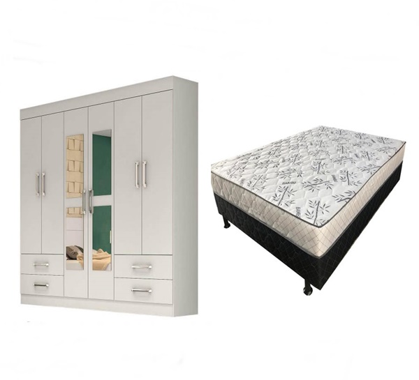 Guarda Roupa Hercules com 6 Portas 4 Gavetas e Espelho + Cama Box Casal Mônaco Conjugado Espuma Ortopédica