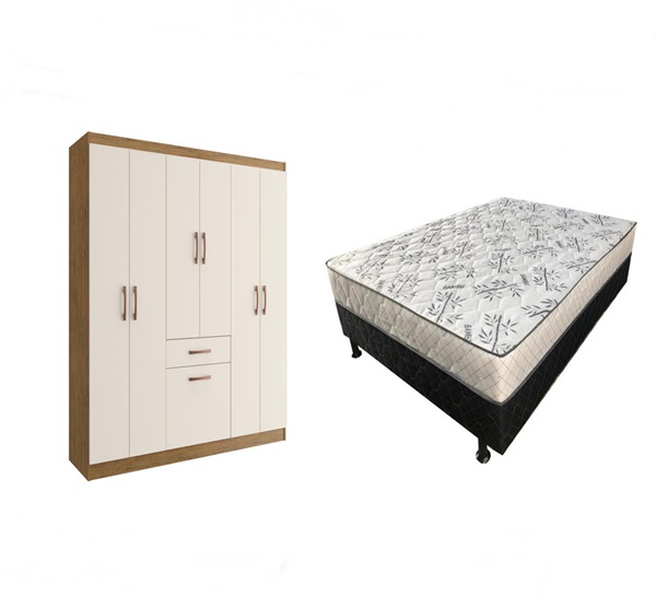Guarda Roupa Marbella Casal 6 Portas 1 Gaveta + Cama Box Casal Mônaco Conjugado Espuma Ortopédica