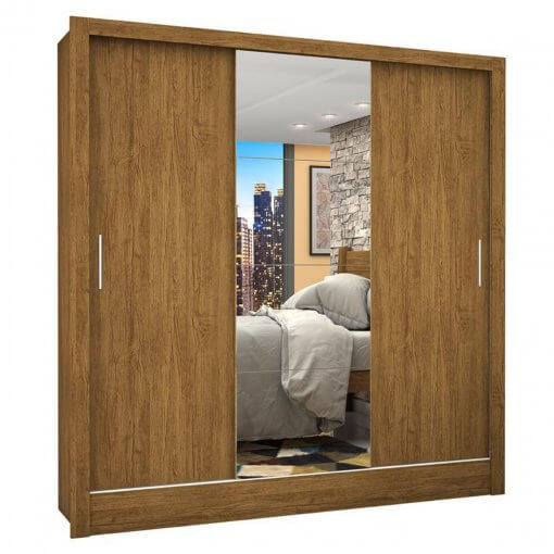 Guarda Roupa Casal Dubai com Espelho e 3 Portas de Correr + Cama Box Casal Mônaco Conjugado Espuma Ortopédica