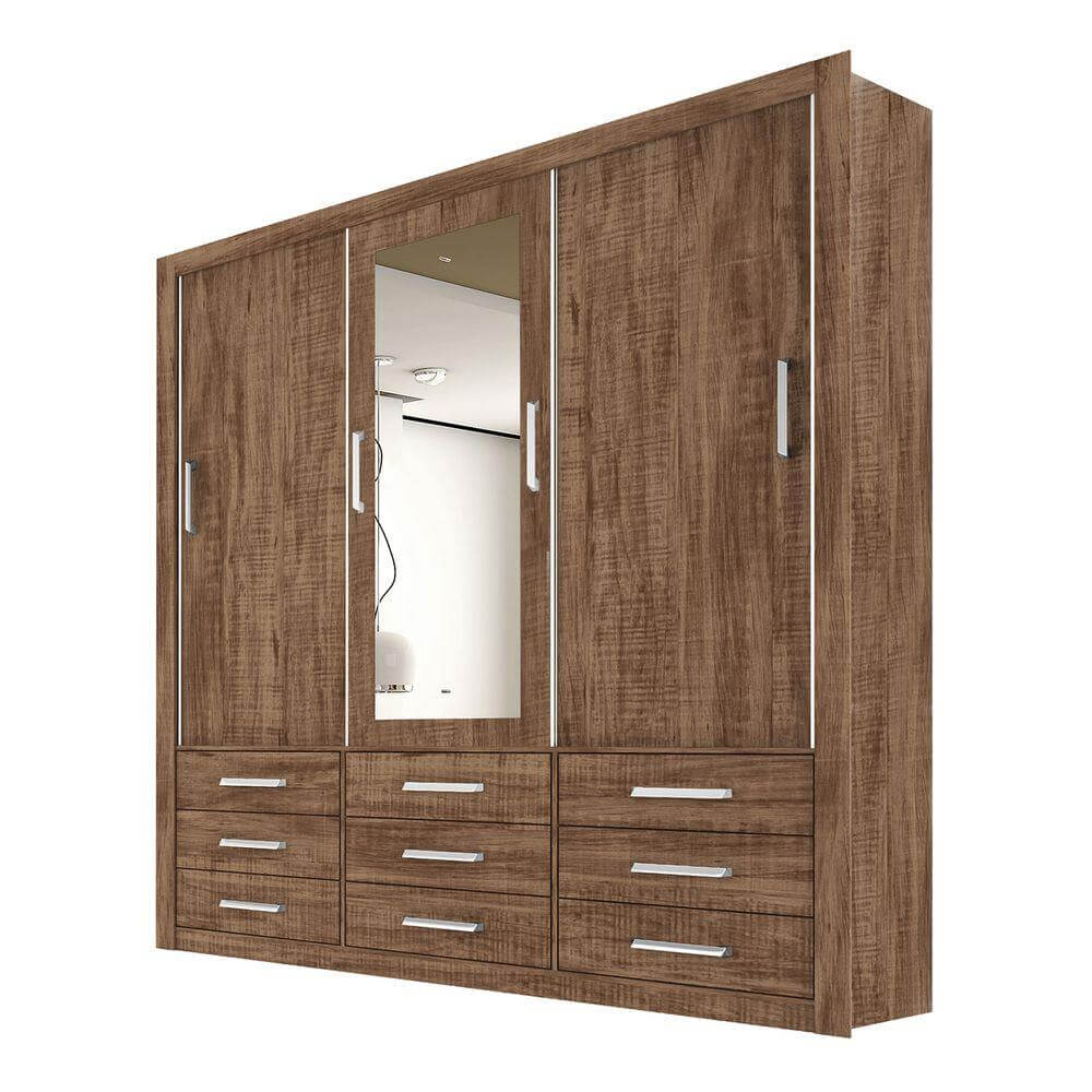 Guarda Roupa Casal Anjos 3 Portas 9 Gavetas com Espelho