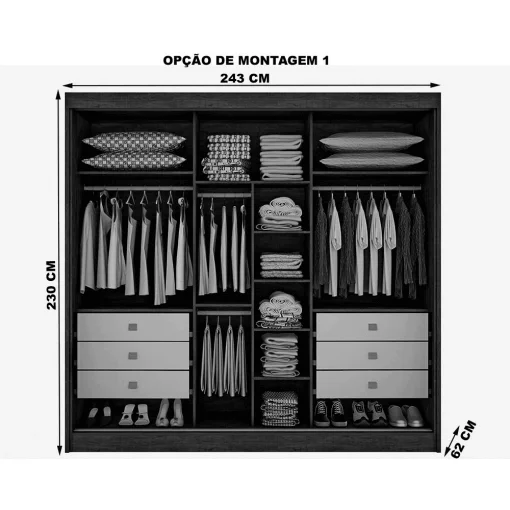 Guarda Roupa New Dallas Casal 3 Portas 6 Gavetas