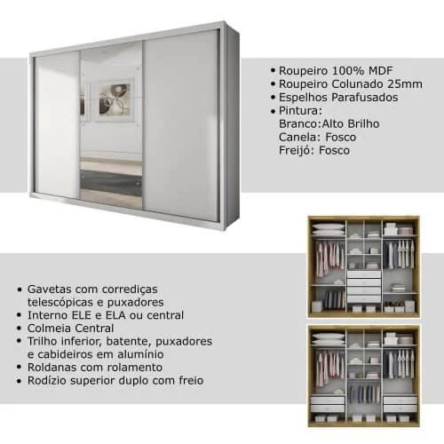Guarda Roupa Paradizzo Casal com Espelho e 3 Portas de Correr