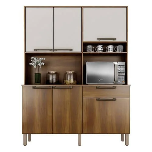Armário De Cozinha Siena 6 Portas 1 Gaveta Nogal Off White