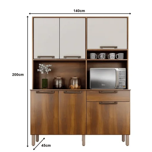 Armário De Cozinha Siena 6 Portas 1 Gaveta Nogal Off White