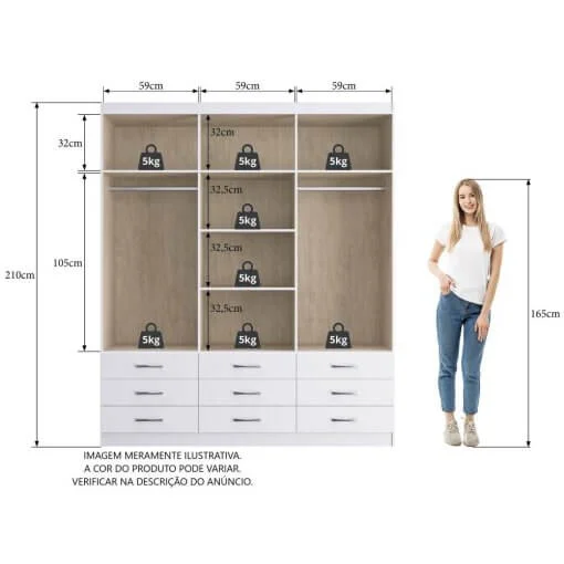 Guarda Roupa Sevilha Com Espelho 6 Portas 9 Gavetas Nogueira Off White