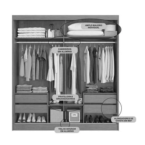 Guarda Roupa Viena Casal com Espelho 2 Portas 4 Gavetas Bianchi