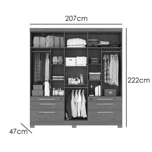 Guarda Roupa Novara Casal com Espelho 6 Portas 6 Gavetas San Marino