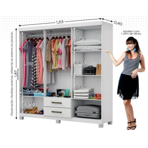 Guarda Roupa Aries Casal 6 Portas 2 Gavetas Carioca