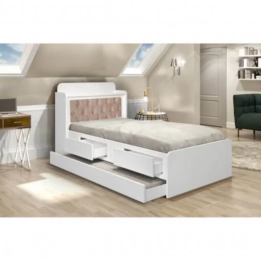 Cama Tamires Com Cama Auxiliar Solteiro 2 Gavetas e Cabeceira Baú Cambel