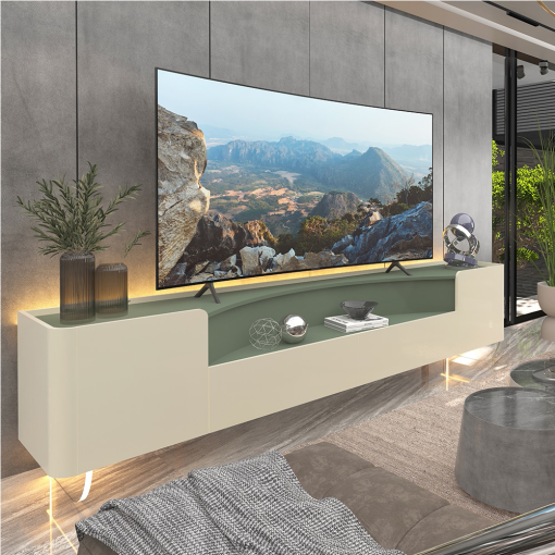 Rack Infinity para TV até 85 Polegadas 2 Portas 2 Gavetas com LED e Pés em Vidro Gelius