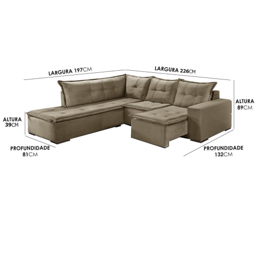 Sofá de Canto Denver 5 Lugares Retrátil Suede 197cm x 226cm