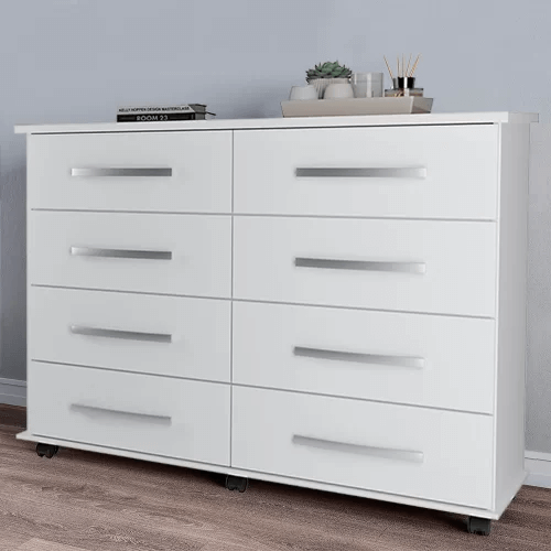 Cômoda Jade com 8 Gavetas Corrediça Telescópica e Rodinhas