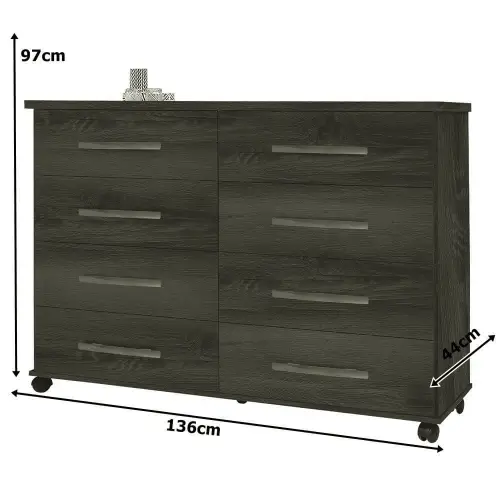Cômoda Jade com 8 Gavetas Corrediça Telescópica e Rodinhas