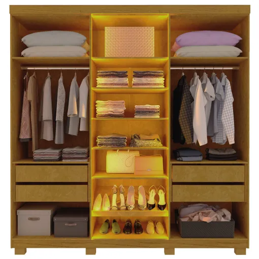 Guarda Roupa Imperatriz Casal 6 Portas 4 Gavetas com Vidro Reflecta e LED Gelius