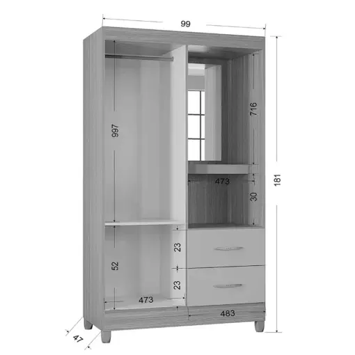 Guarda Roupa Cordoba Solteiro 2 Portas 2 Gavetas com Espelho Poquema
