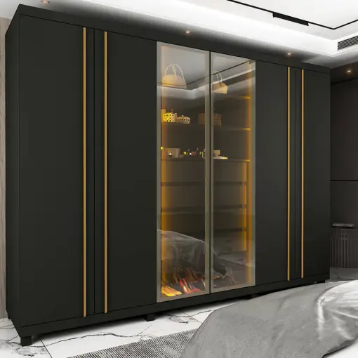 Guarda Roupa Absolute New Casal 6 Portas 4 Gavetas com Vidro Reflecta e LED Gelius
