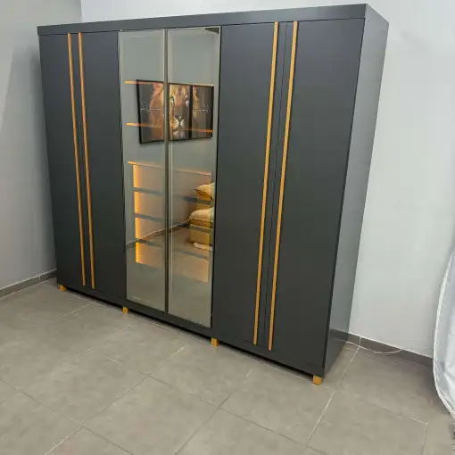 Guarda Roupa Absolute New Casal 6 Portas 4 Gavetas com Vidro Reflecta e LED Gelius