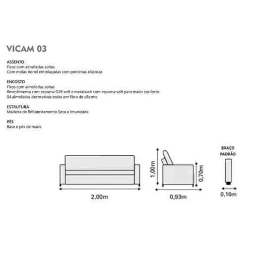 Sofá Vicam 03 em Veludo com Almofadas Soltas 3 Lugares 200cm Vicam
