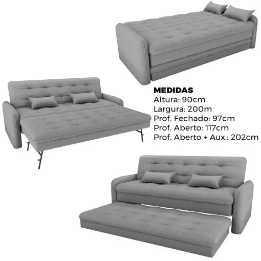 Sofá Cama Madalena Reclinável com Cama Auxiliar 3 Lugares Tecido Linho 200cm Matrix