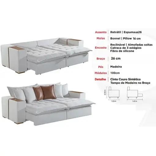 Sofá Cama Tebas 230cm 4 Lugares Retrátil e Reclinável Tecido Linho Innove