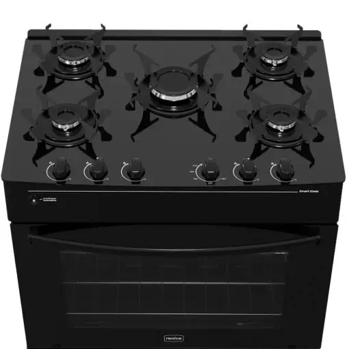 Fogão Smart Glass 5 Bocas Automático Forno 94L Realce