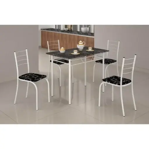 Mesa Rio Tampo Granito Preto 100x60cm com 4 Cadeiras Tubular Branco Teixeira