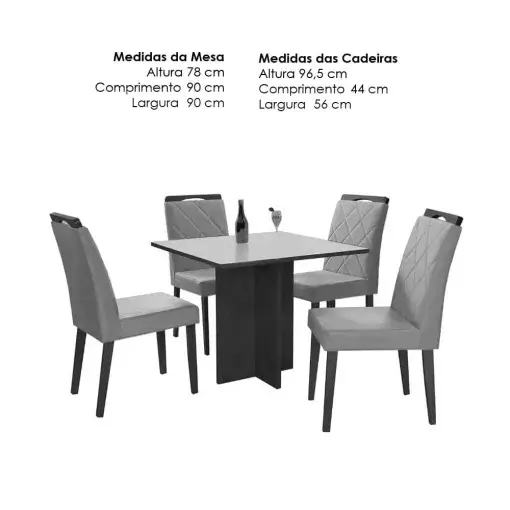Mesa de Jantar Los Angeles 90x90cm com 4 Cadeiras Minas Plac