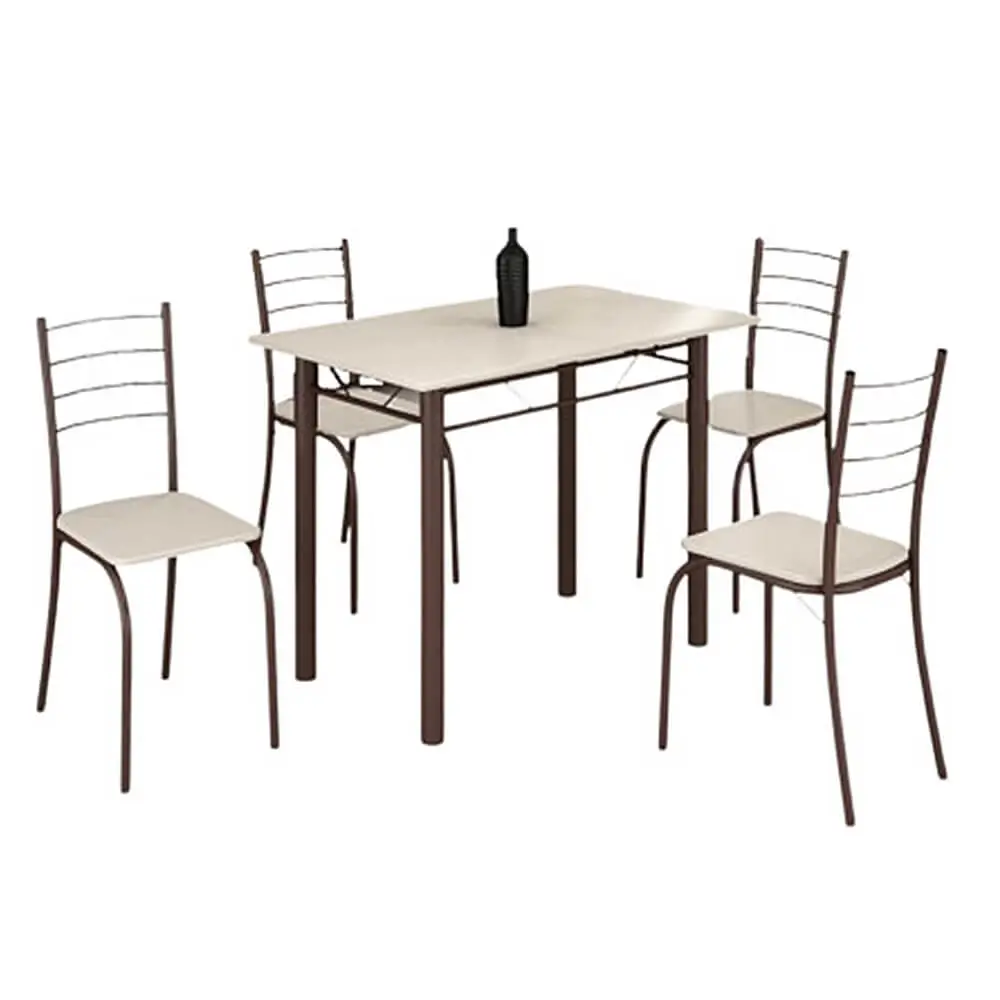 Mesa Rio Tampo Granito Off White 100x60cm com 4 Cadeiras Tubular Marrom Teixeira
