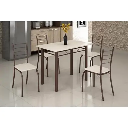 Mesa Rio Tampo Granito Off White 100x60cm com 4 Cadeiras Tubular Marrom Teixeira