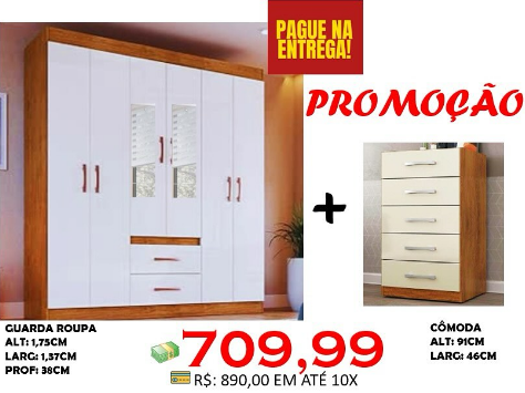 Guarda Roupa Jamaica com Espelho e Comoda 5 gavetas