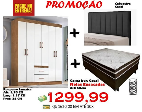 Guarda-Roupa Jamaica + Cama Box Casal Spring de Molas + Cabeceira Casal