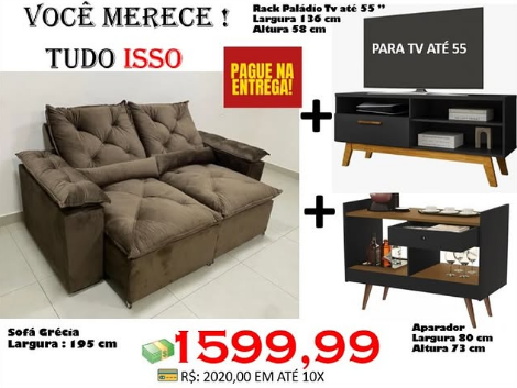 Sofá Grécia 1,95m + Rack Paládio (TV até 55”) + Aparador