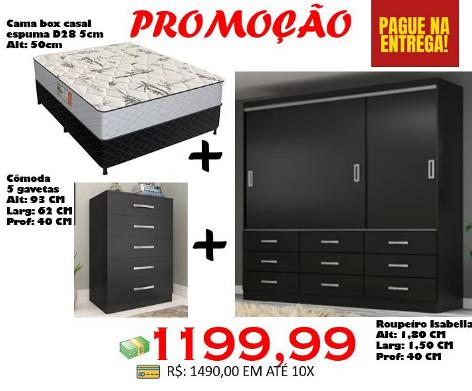 Guarda-Roupa Isabela + Cama Box Casal Mônaco + Cômoda 5 Gavetas