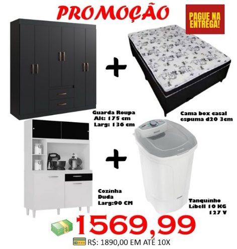 Guarda-Roupa Marbella + Cama Box Casal Carioca + Cozinha Duda 90cm + Tanquinho 10kg