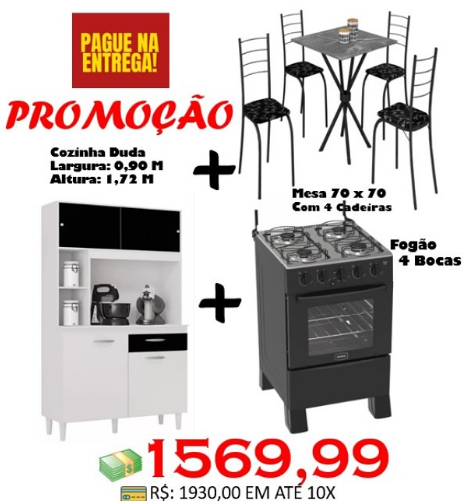 Fogão 4 Bocas Ares Plus + Cozinha Duda + Mesa Rio 70x70 com 4 Cadeiras
