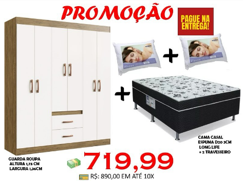 Guarda-Roupa Jamaica 6 Portas + Cama Box Casal Carioca + 2 Travesseiros