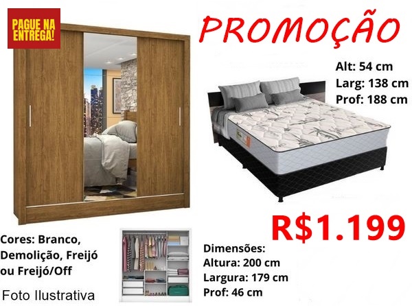 Kit Guarda Roupa Dubai + Cama Box Casal Monaco