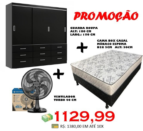 Guarda-Roupa Isabella + Ventilador Turbo 40cm + Cama Casal Mônaco