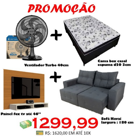 Sofá Havaí 1,80m + Painel Fox + Cama Box Casal + Ventilador Turbo 40cm