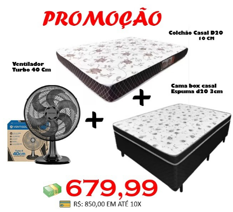 Ventilador Turbo 40cm + Cama Casal Carioca + Colchão Casal D20