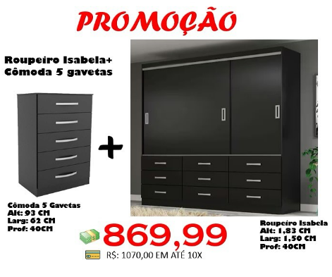 Roupeiro Isabela 3 Portas 9 Gavetas + Cômoda 5 Gavetas