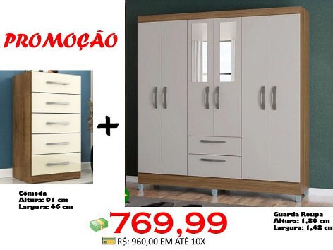 Guarda-Roupa Multi com Espelho + Cômoda 5 Gavetas