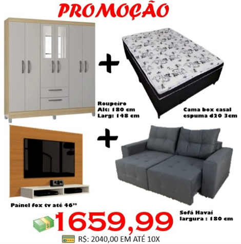Sofá Havaí 1,80m + Painel Fox + Cama Box Casal + Guarda-Roupa Multi