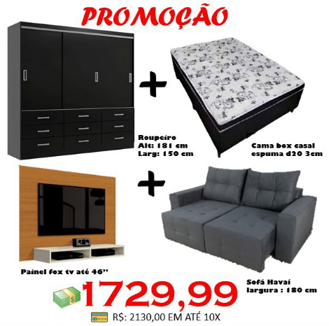 Sofá Havaí 1,80m + Painel Fox + Cama Box Casal + Guarda-Roupa Isabela