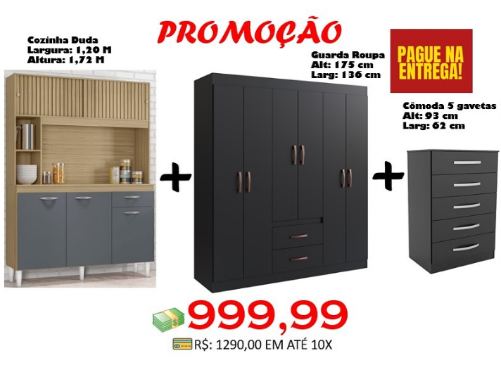 Guarda-Roupa Jamaica + Cozinha Duda + Cômoda 5 Gavetas