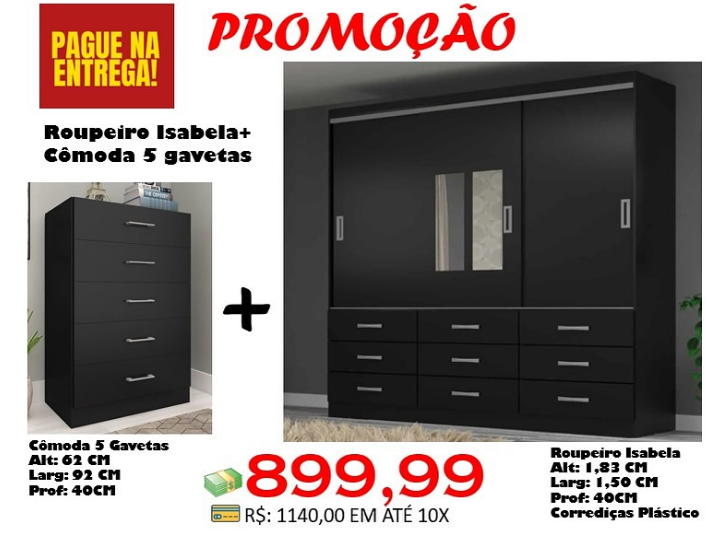 Guarda-Roupa Isabela com Espelho + Cômoda 5 Gavetas