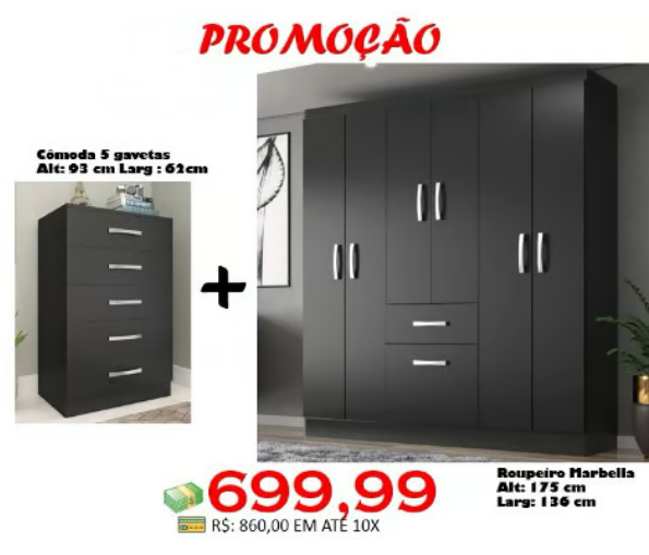 Guarda-Roupa Marbella + Cômoda 5 Gavetas