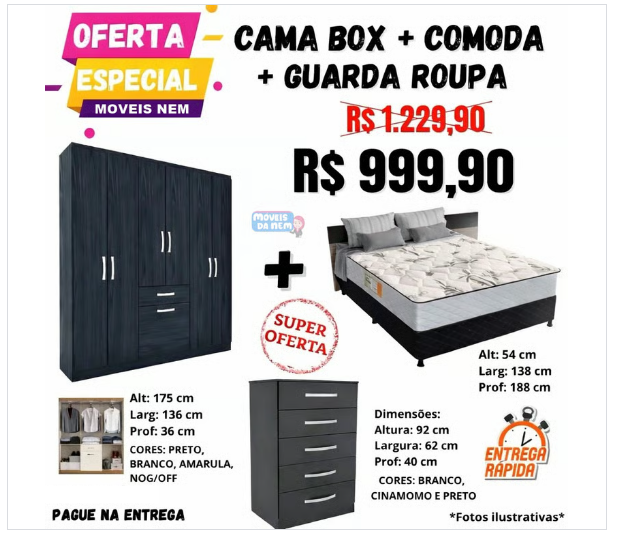 Kit Cama Box + Comoda 5 Gavetas + Guarda Roupa 7 Portas